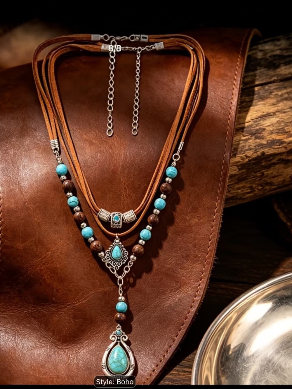 Boho Layered Turquoise and Brown Pendant Necklace